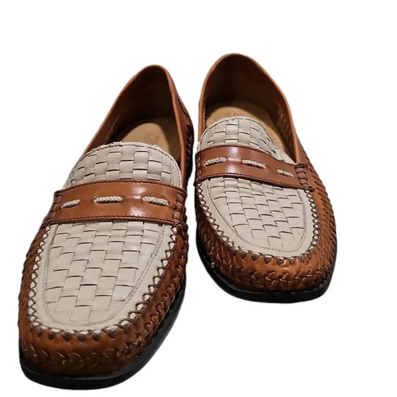 Brass Boot Walking Gloves Sheepskin Lined Men 9.5 Brown Tan Woven Preppy Loafers - Picture 4 of 6